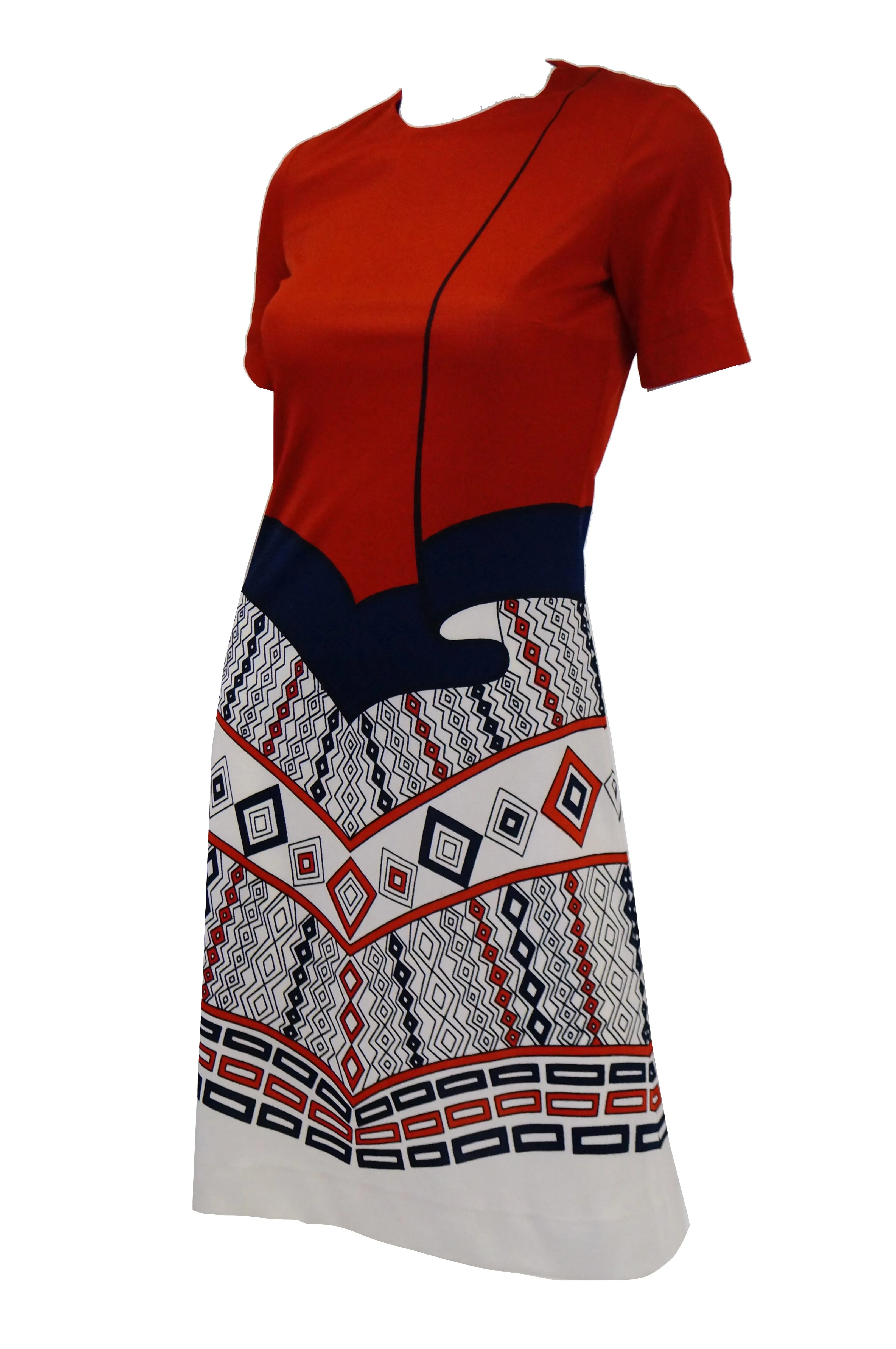 1970s Roberta di Camerino Red Blue and White Trompe L'oeil Dress