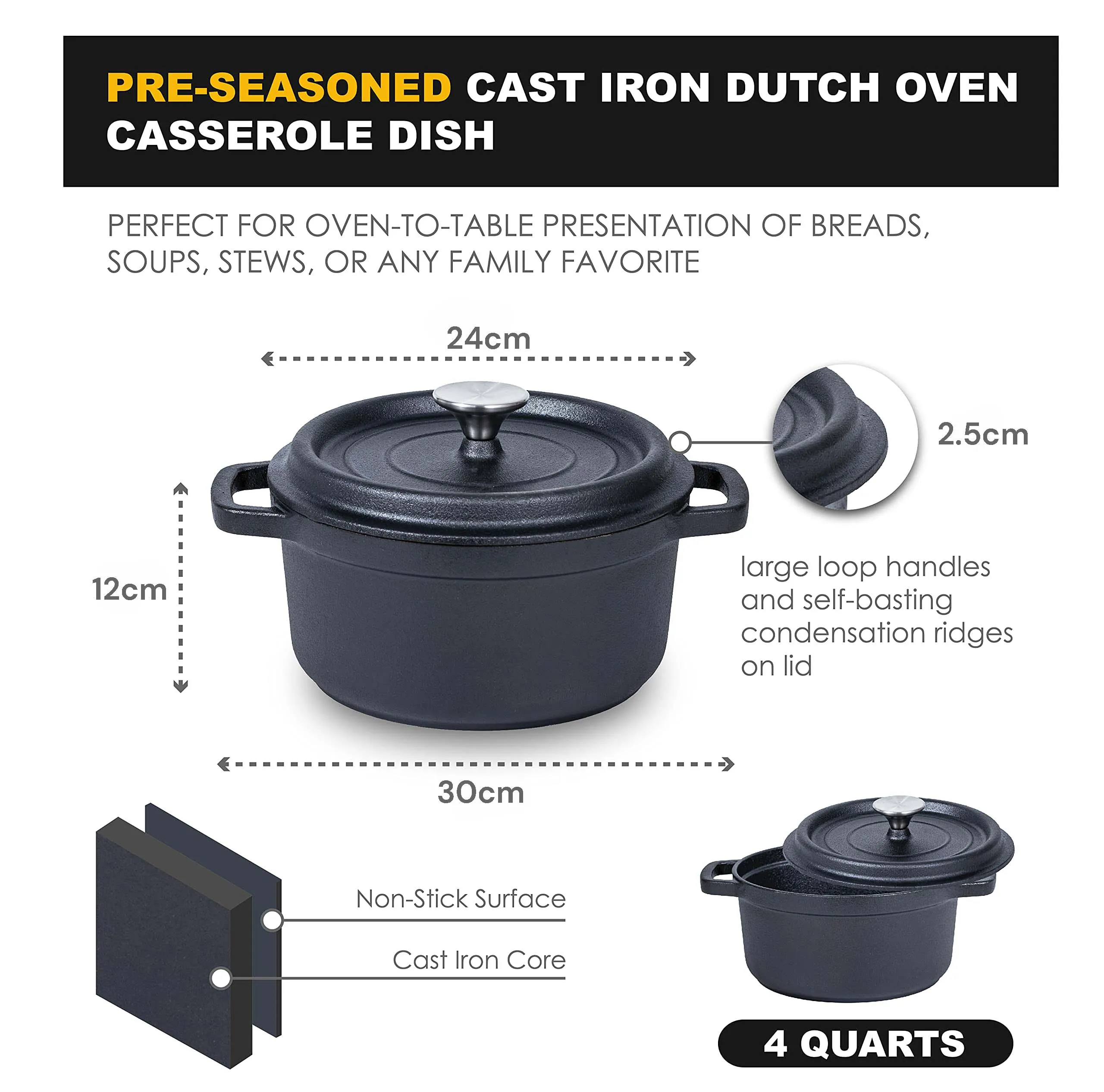 24cm | Pre-seasoned NonStick Cast Iron Dutch Oven | Handles | Lid | Skillet Cookware | Braising Pot | Casserole