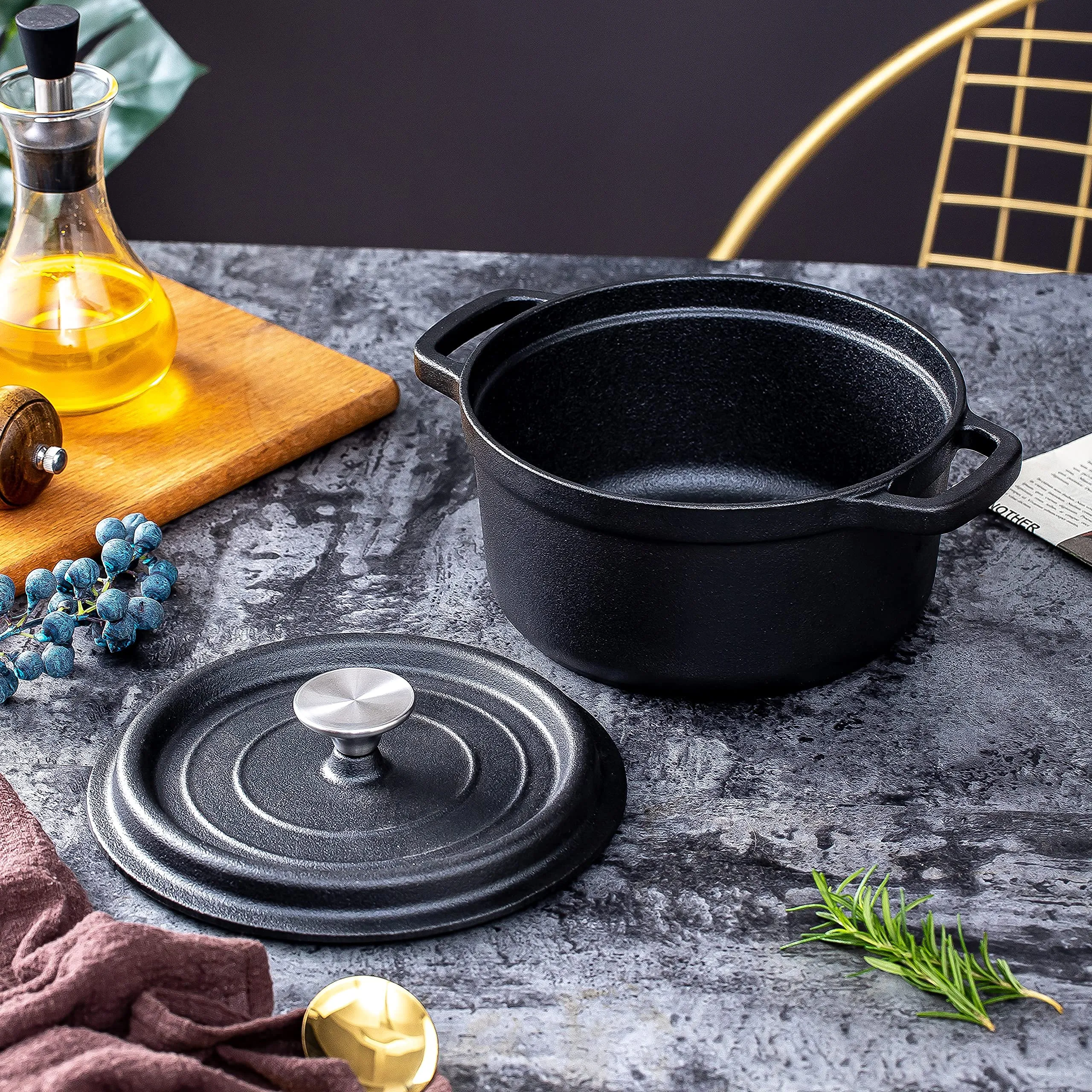 24cm | Pre-seasoned NonStick Cast Iron Dutch Oven | Handles | Lid | Skillet Cookware | Braising Pot | Casserole