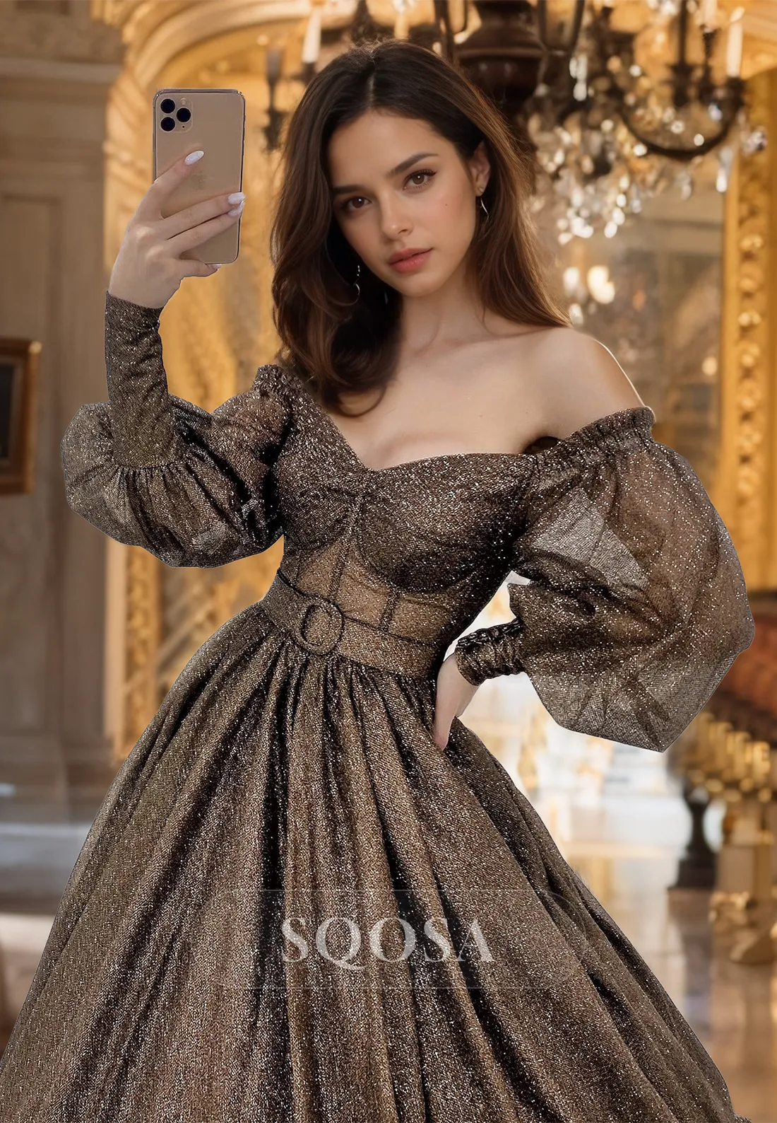 A-Line V-Neck Long-Sleeves Off-Shoulder Prom Dress Pleated Glitter-Knit Evening Gowns with Sweep Train