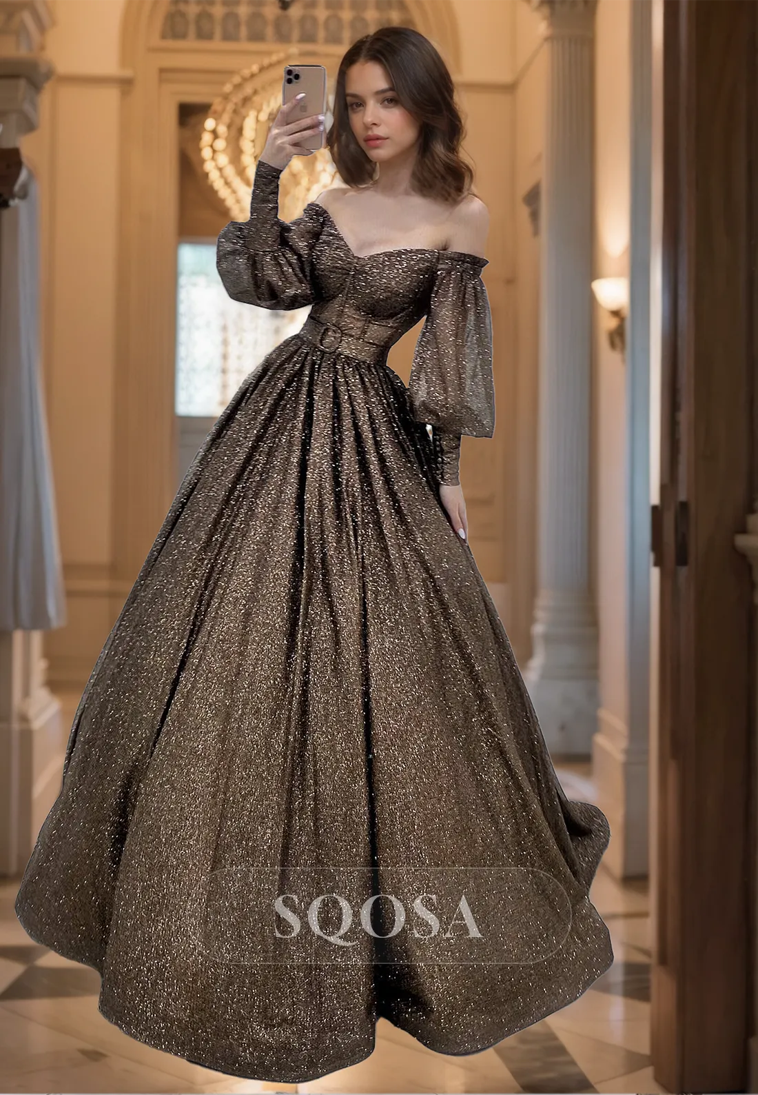 A-Line V-Neck Long-Sleeves Off-Shoulder Prom Dress Pleated Glitter-Knit Evening Gowns with Sweep Train