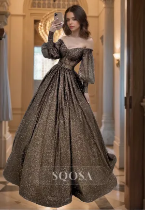 A-Line V-Neck Long-Sleeves Off-Shoulder Prom Dress Pleated Glitter-Knit Evening Gowns with Sweep Train
