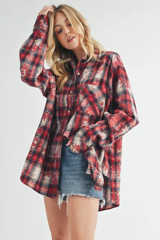 Aemi   Co Washed Plaid Button Up Raglan Sleeve Flannel Shirt