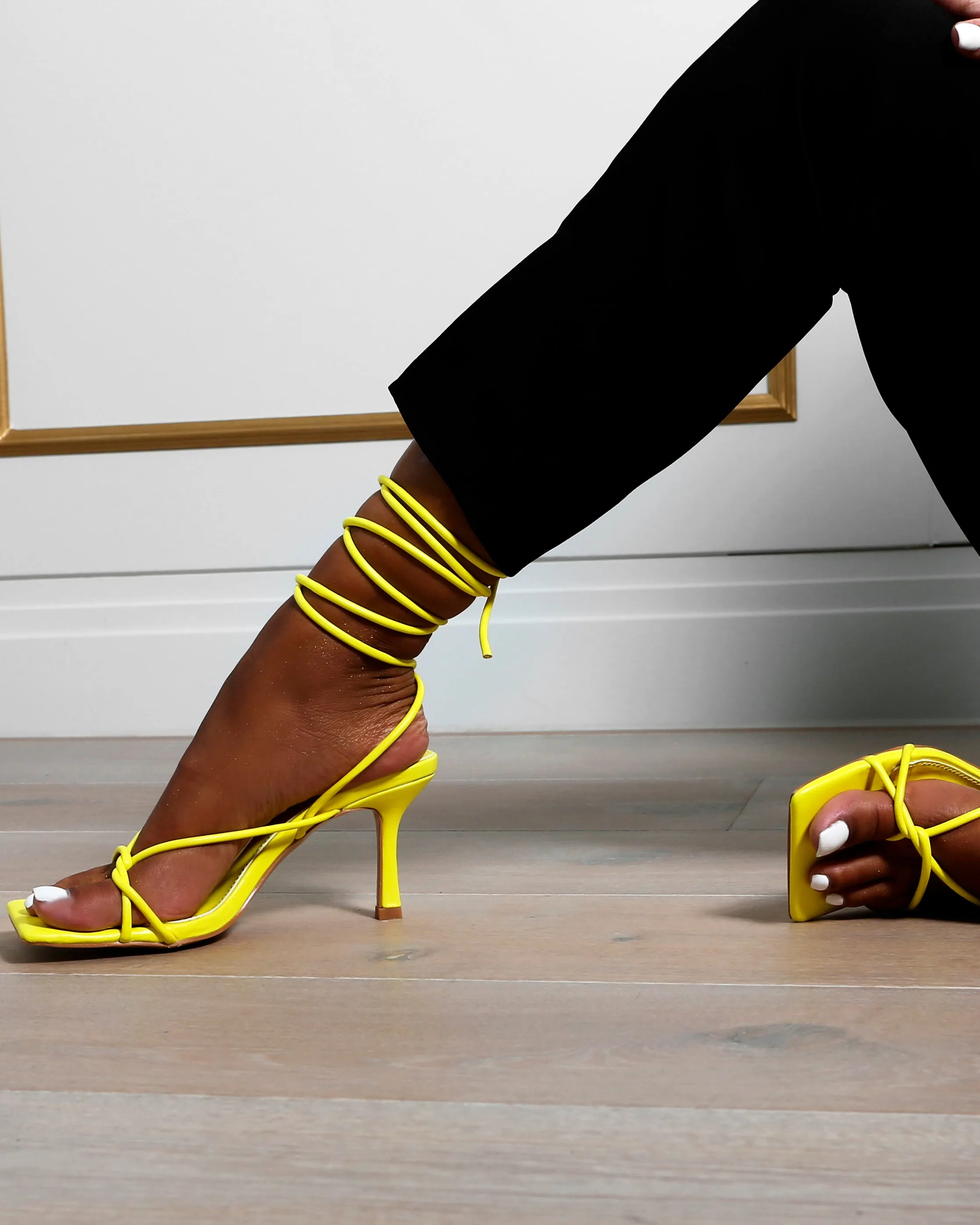 Amber x Public Desire Minimale Yellow PU Twist Front Strappy Heel