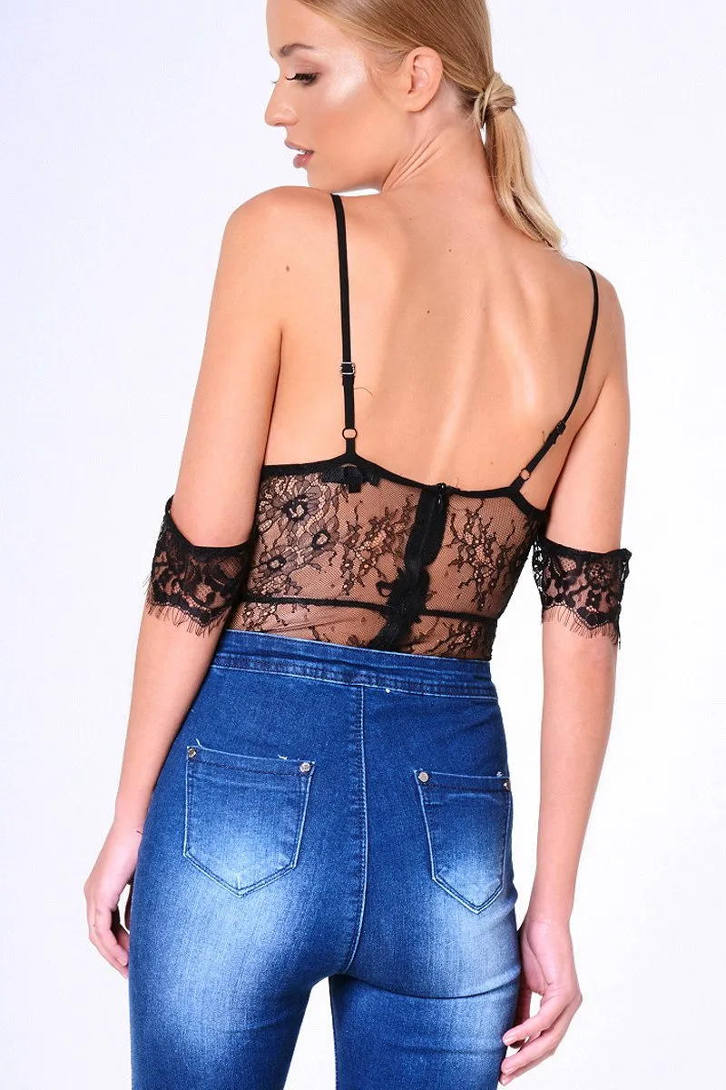 Black Lace Strappy Bardot Strap Bodysuit - Reanne