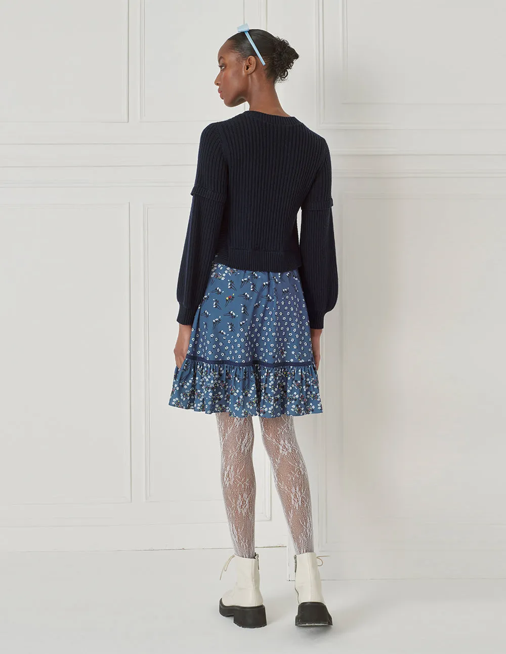 Bora Aksu Wool-Knit Paneled Puff-Sleeved Printed Dress