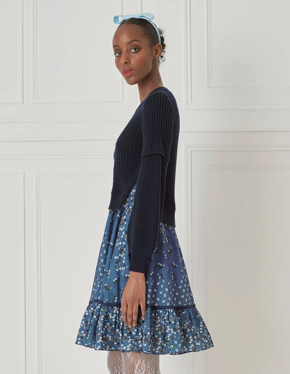 Bora Aksu Wool-Knit Paneled Puff-Sleeved Printed Dress
