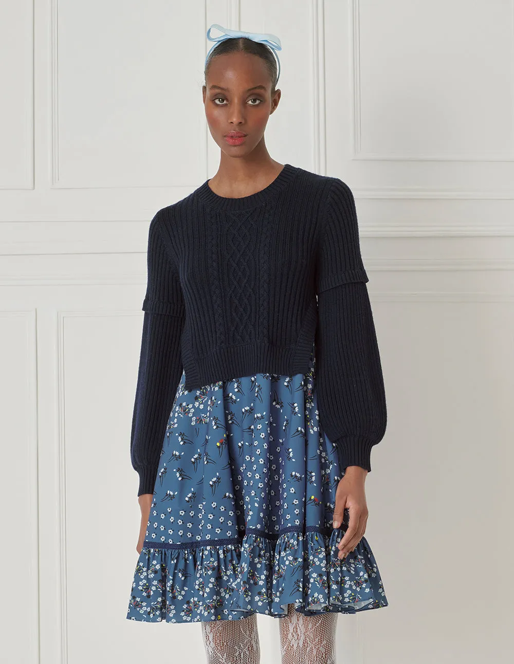 Bora Aksu Wool-Knit Paneled Puff-Sleeved Printed Dress