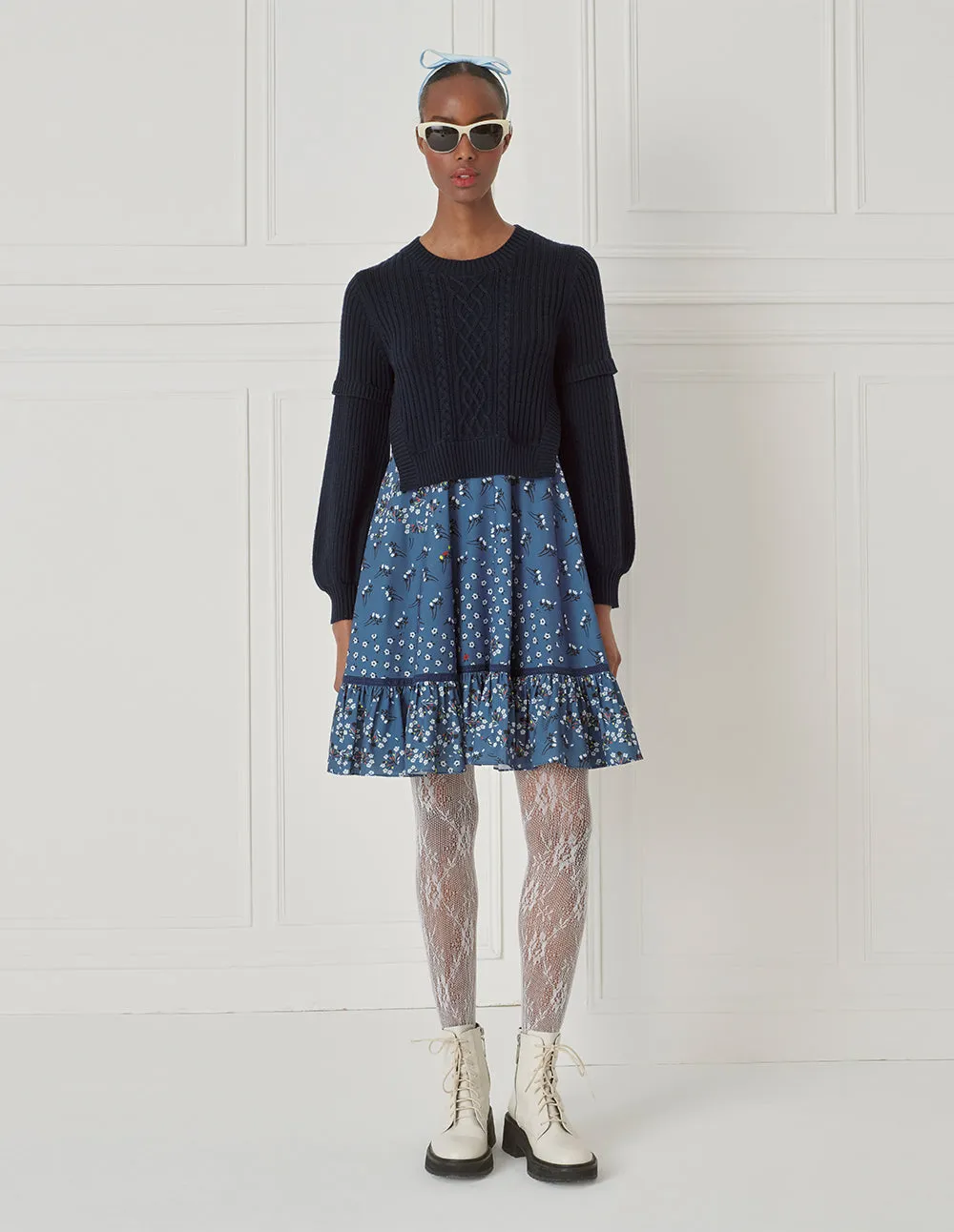 Bora Aksu Wool-Knit Paneled Puff-Sleeved Printed Dress