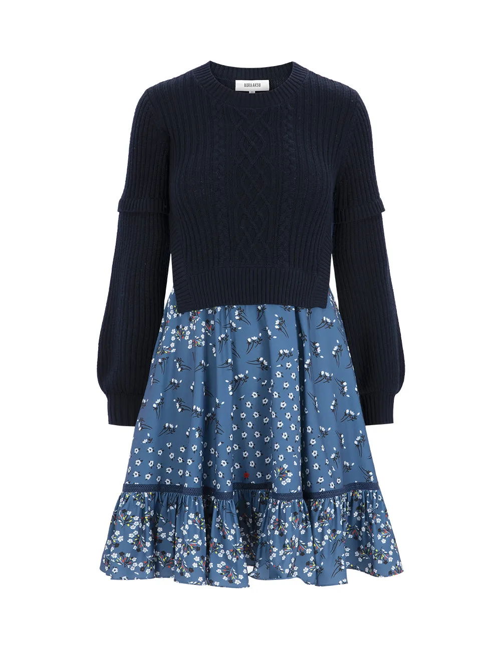 Bora Aksu Wool-Knit Paneled Puff-Sleeved Printed Dress
