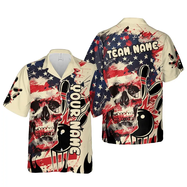 Bowling And Pins Gothic Skull Customized Name, Team Name 3D Hawaiian Shirt