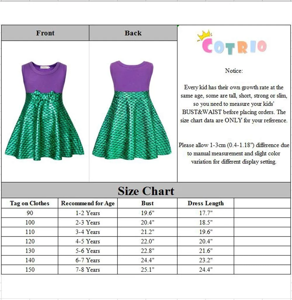 COTRIO Ariel Dress Size 6 Little Mermaid Costume Princess Mermaid Dresses Toddlers Halloween Outfits Role Play Dress up with Headband (Green)