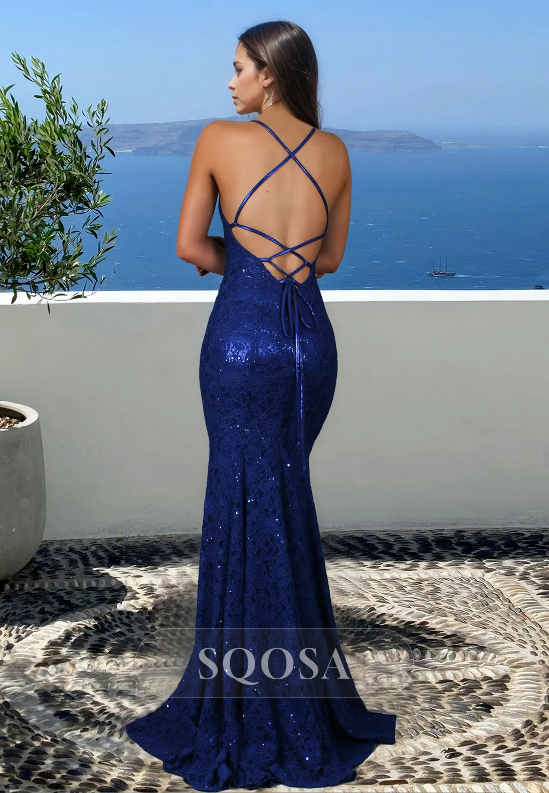 Deep V-Neck Off-Shoulder Sleeveless Party Gowns Spaghetti Straps Glitter-Knit Beaded Mermaid Prom Dress