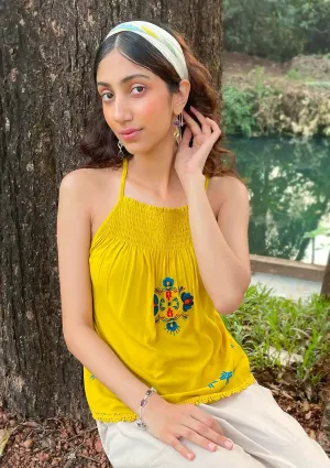 El Sol - Shirred Neckline Embroidered Top