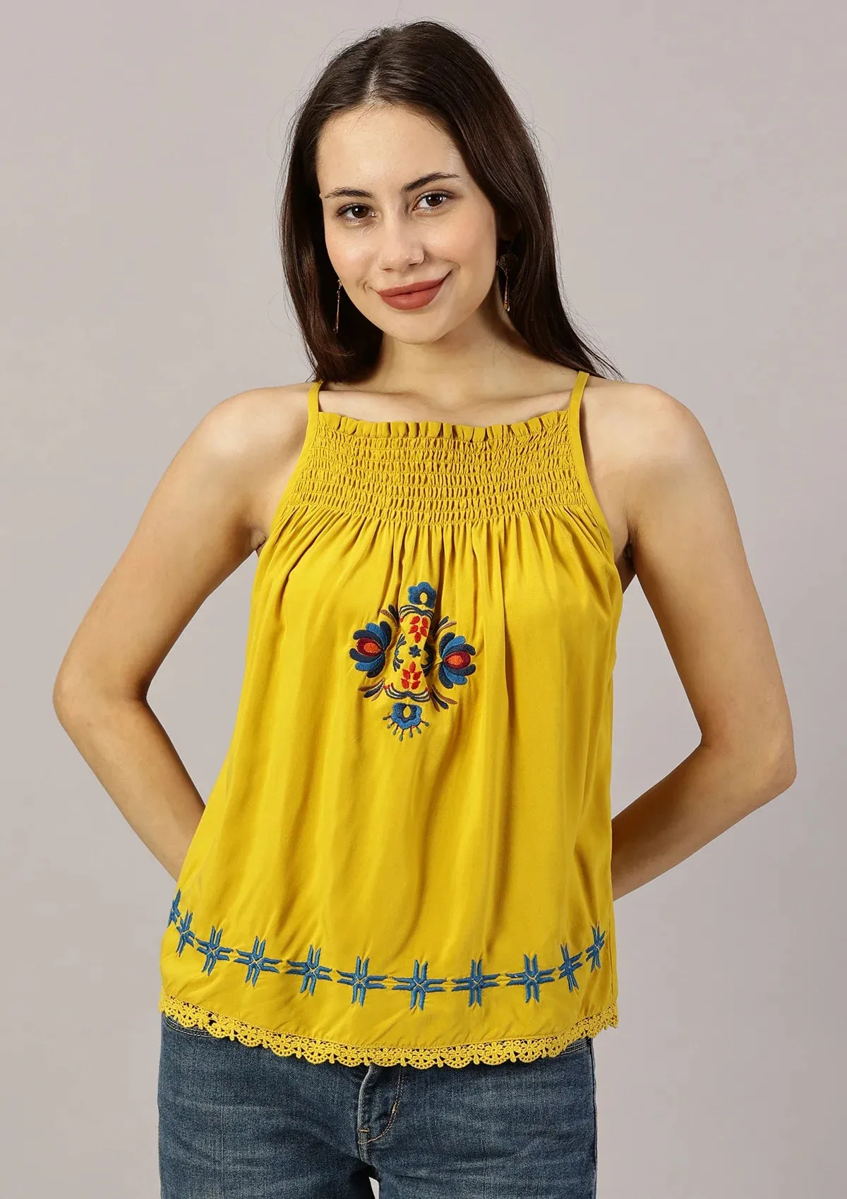 El Sol - Shirred Neckline Embroidered Top