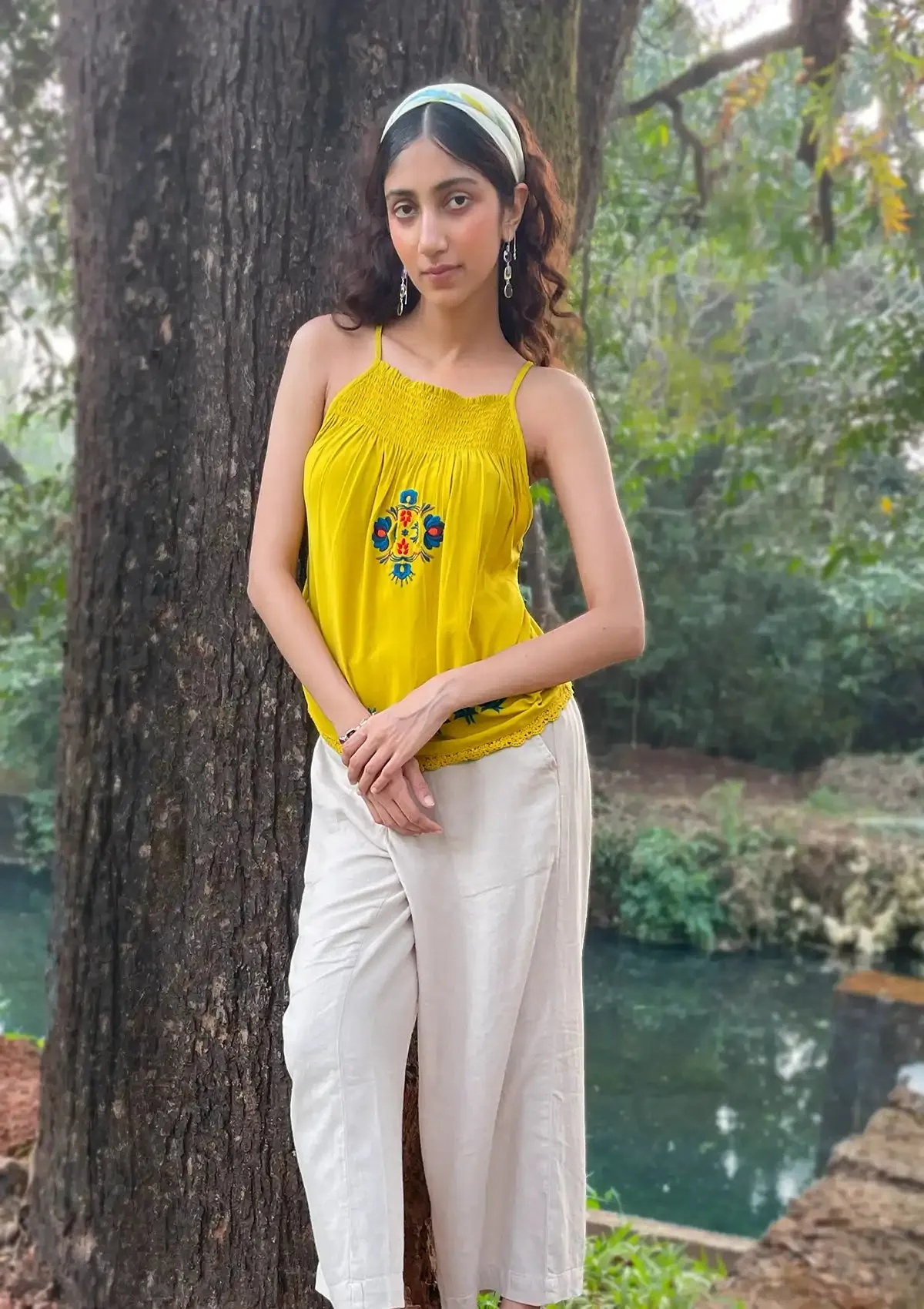 El Sol - Shirred Neckline Embroidered Top