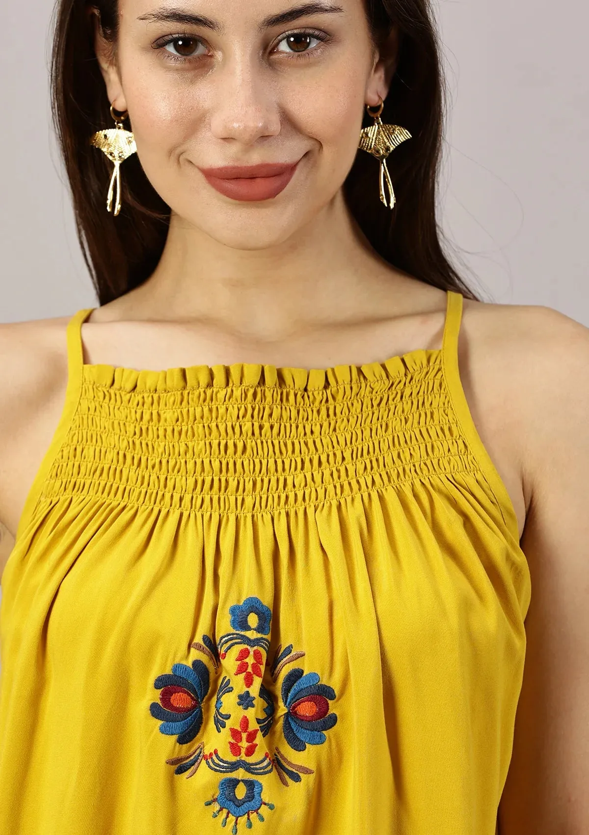 El Sol - Shirred Neckline Embroidered Top