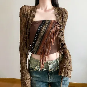 Exotic Ethnic Style Strapless Fringed Top with Metal Retro Decoration – Slim Fit Indie Folk Y2K Tank