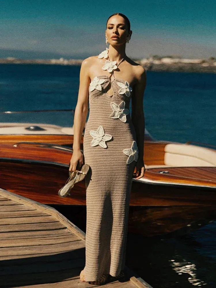 Floral-applique Hollow Knit White Dresses Woman 2024 Elegant Beach Vacation Outfits Halter Backless Long Dress C71GE39