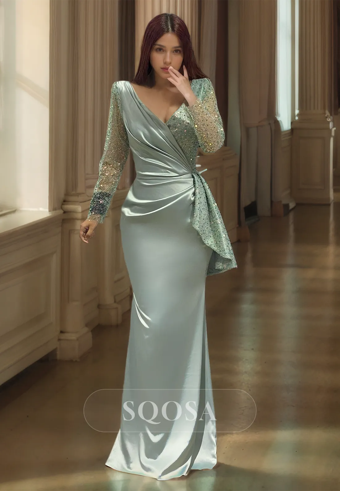 Glitter-Knit Long-Sleeves V-Neck Mermaid Prom Dress Pleated Sequined Floor-Length Formal Gowns