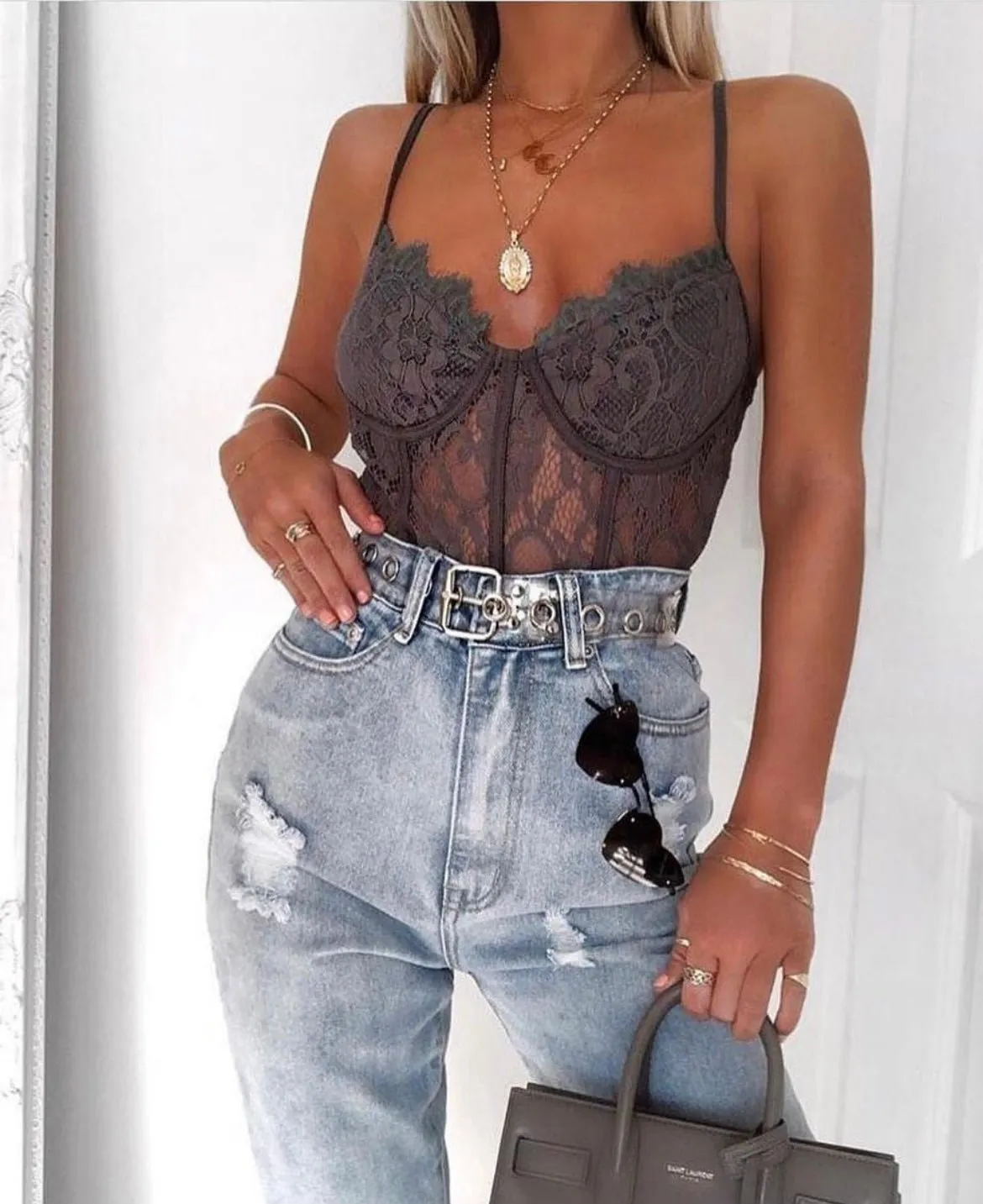 Grey Lace Flower Bodysuit