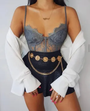 Grey Lace Flower Bodysuit
