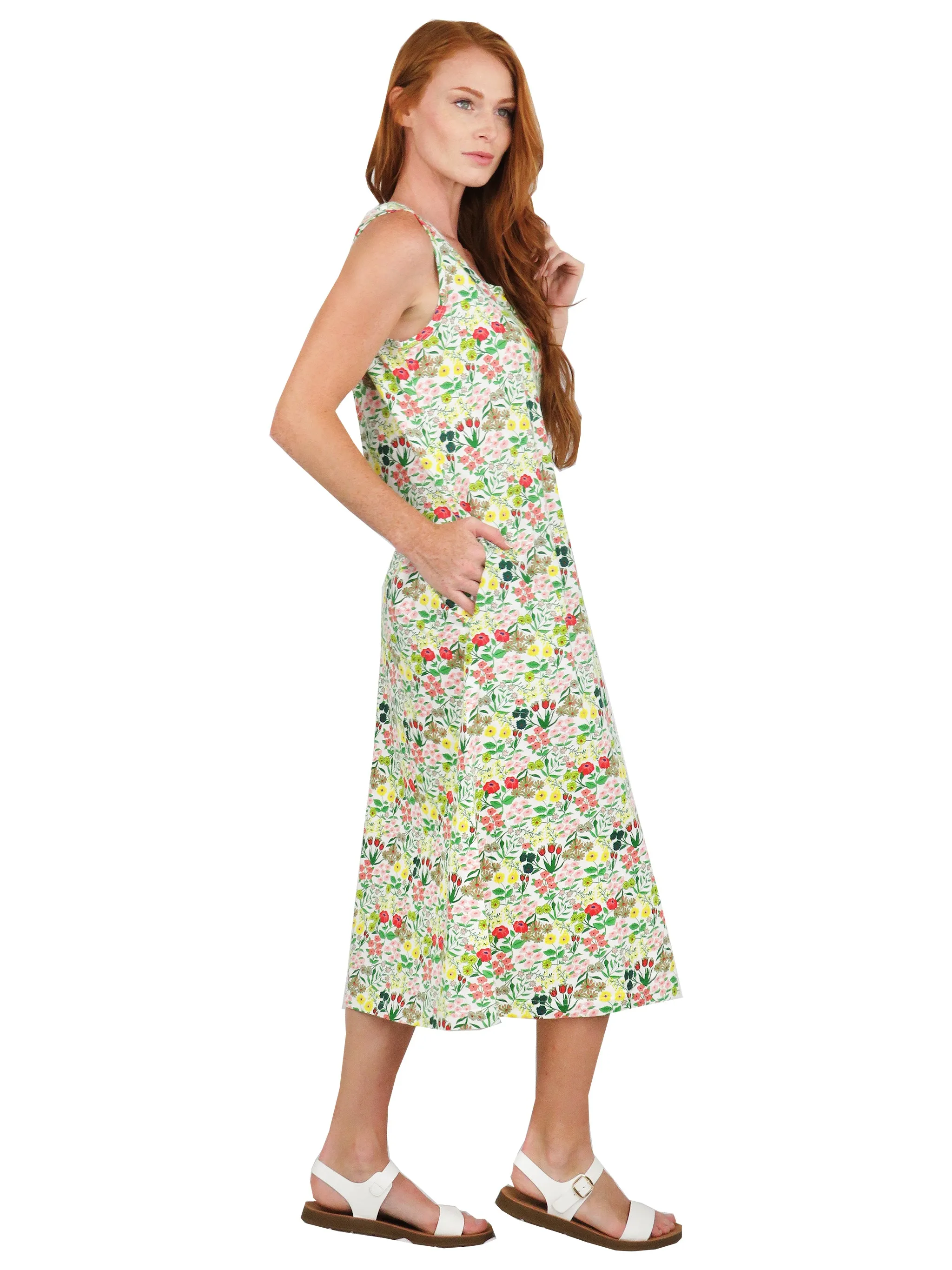 La Cera Sleeveless Printed A-Line Cotton Jersey Knit Dress