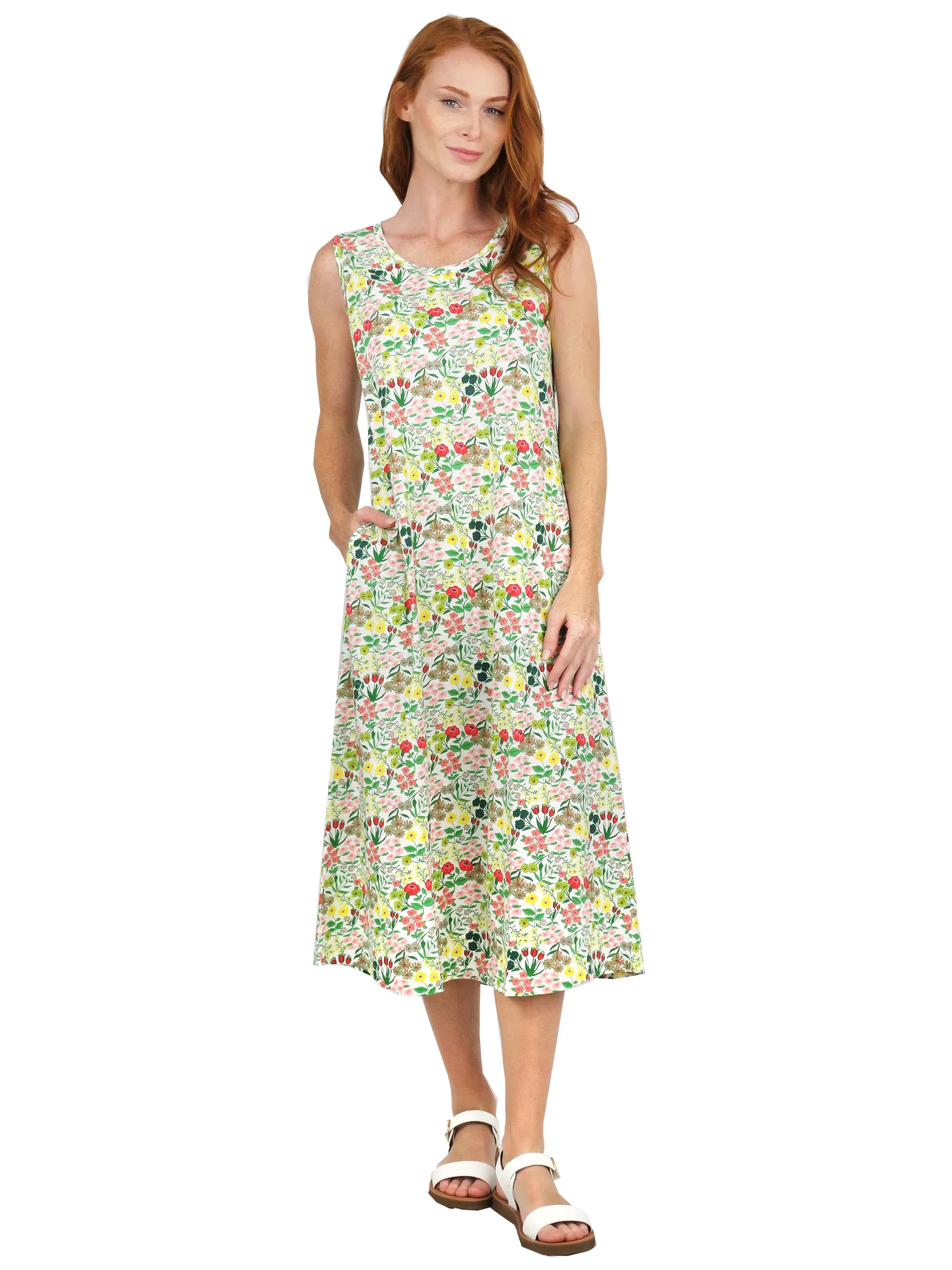 La Cera Sleeveless Printed A-Line Cotton Jersey Knit Dress