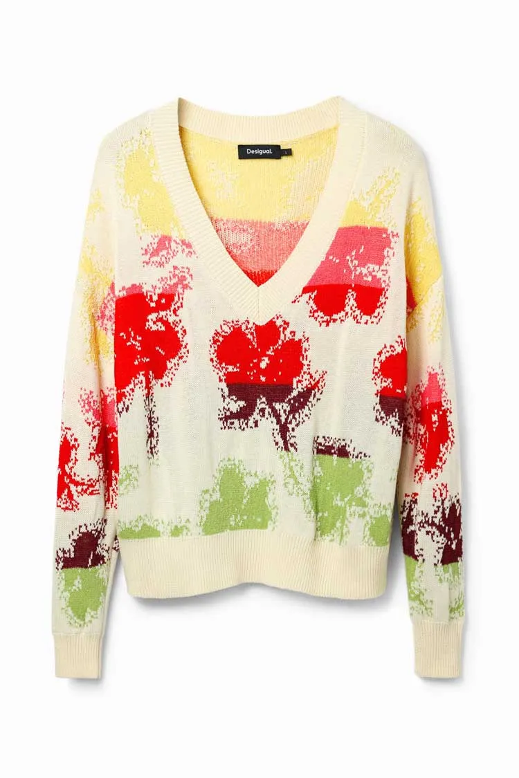 Oversize Floral V-neck Sweater
