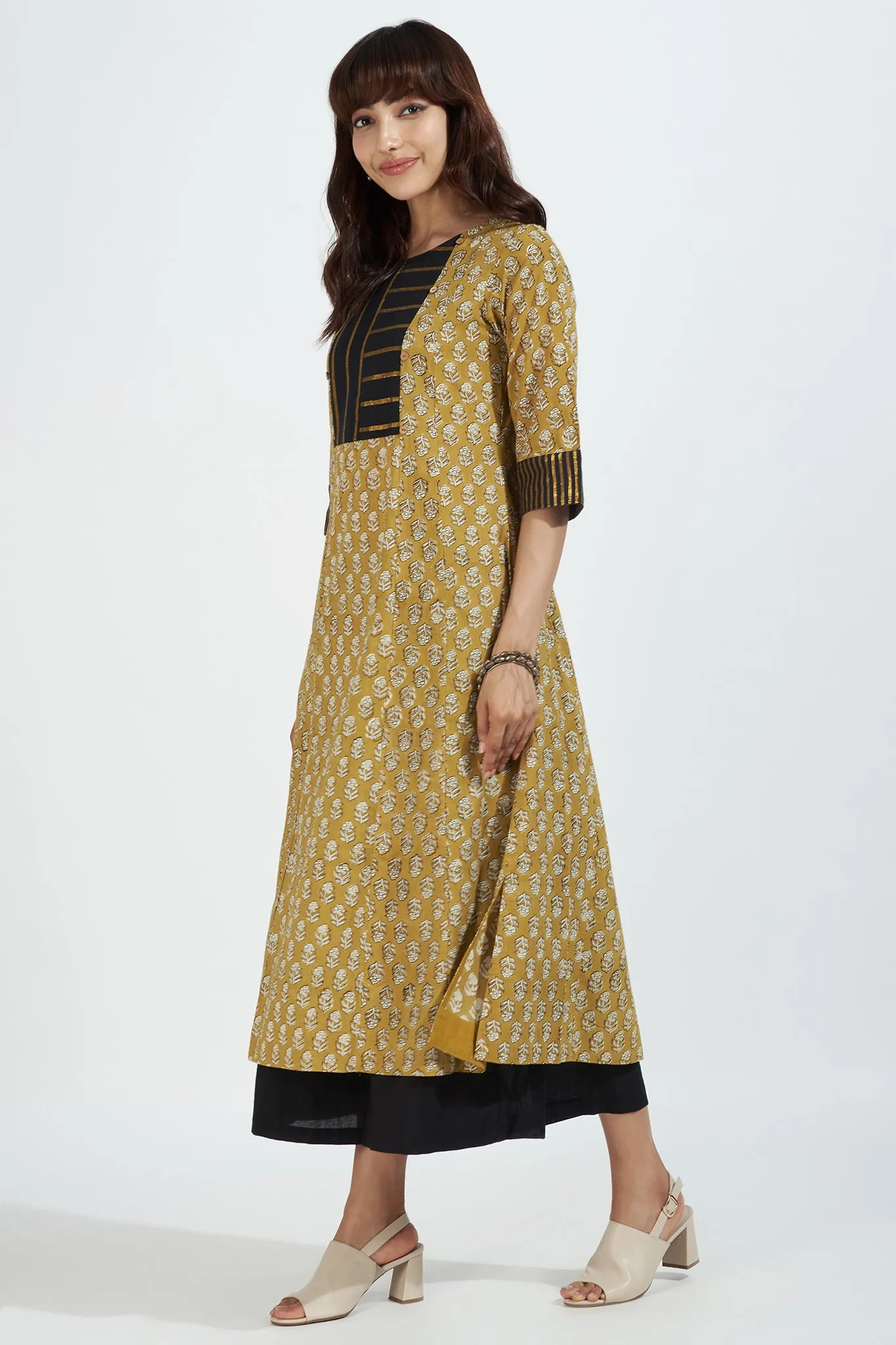 pintuck yoke kurta - sunlit floral & stripes radiance on