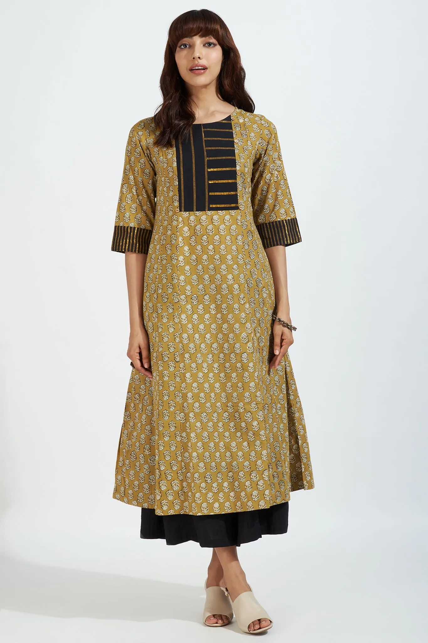pintuck yoke kurta - sunlit floral & stripes radiance on