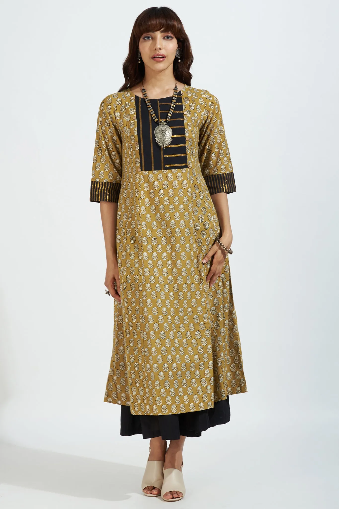 pintuck yoke kurta - sunlit floral & stripes radiance on