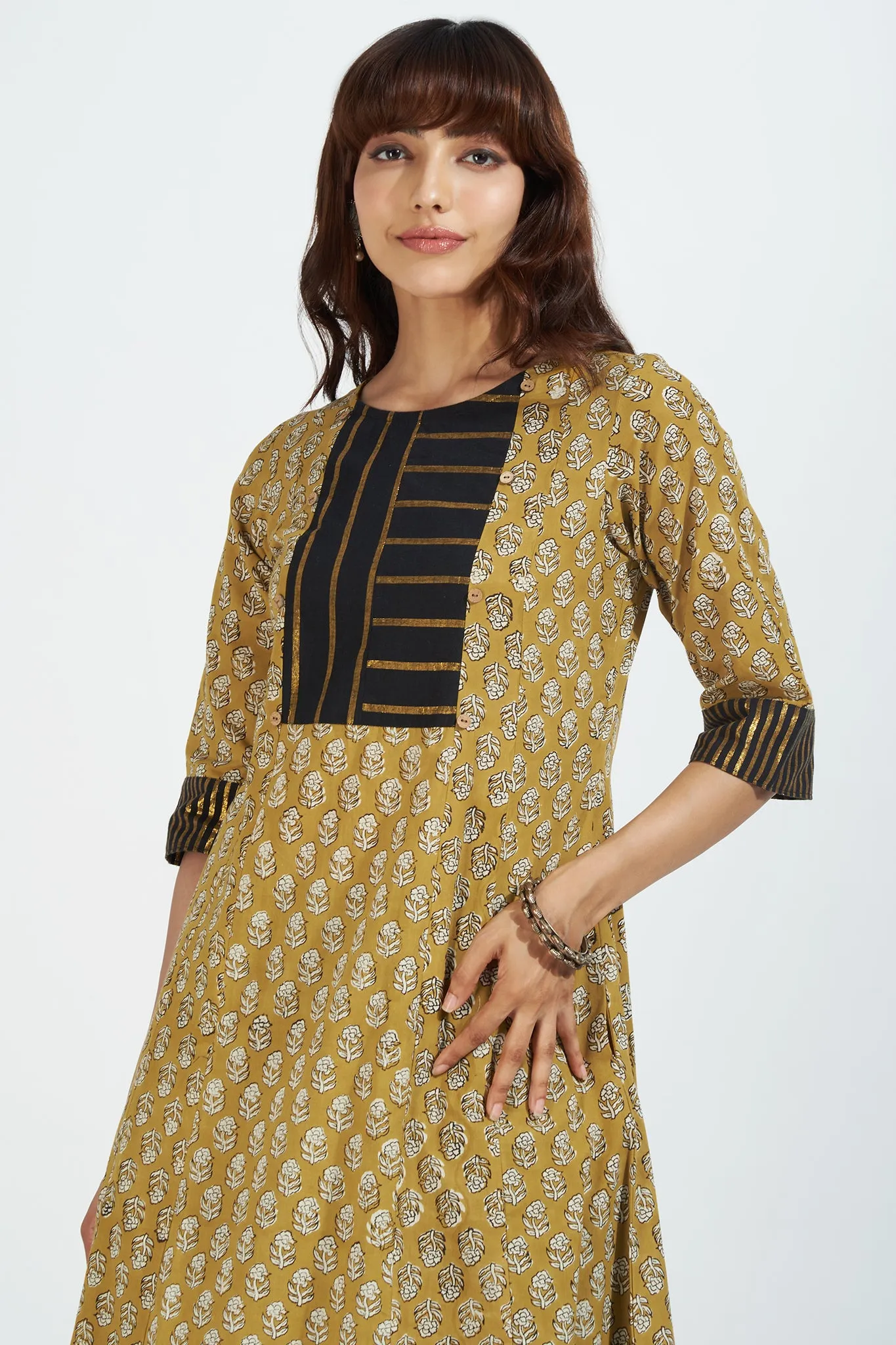 pintuck yoke kurta - sunlit floral & stripes radiance on