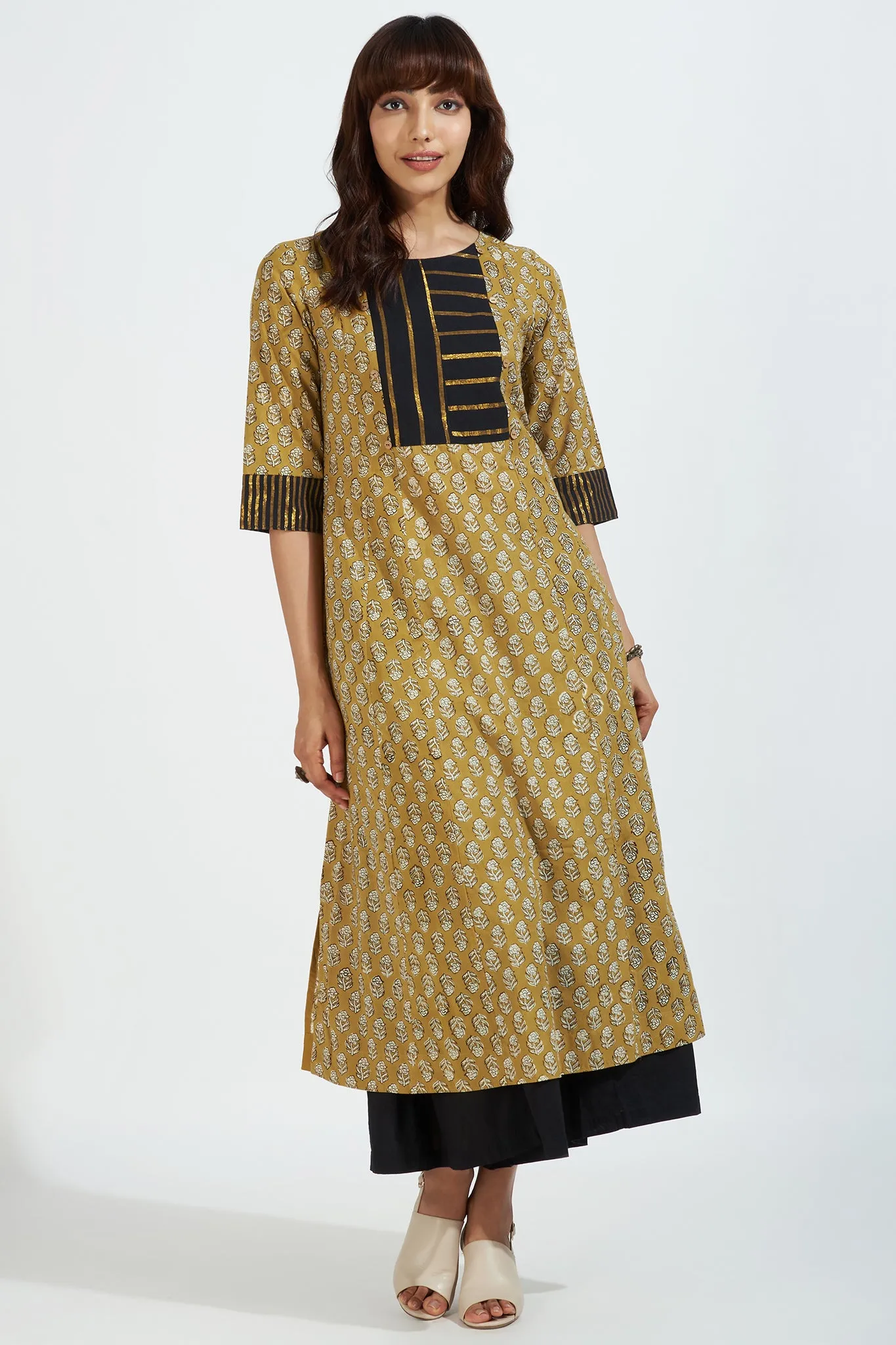 pintuck yoke kurta - sunlit floral & stripes radiance on