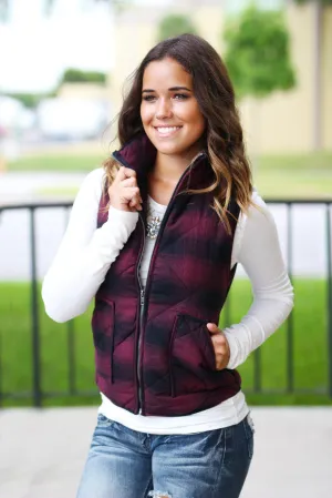 Plum and Black Flannel Vest With Pockets
