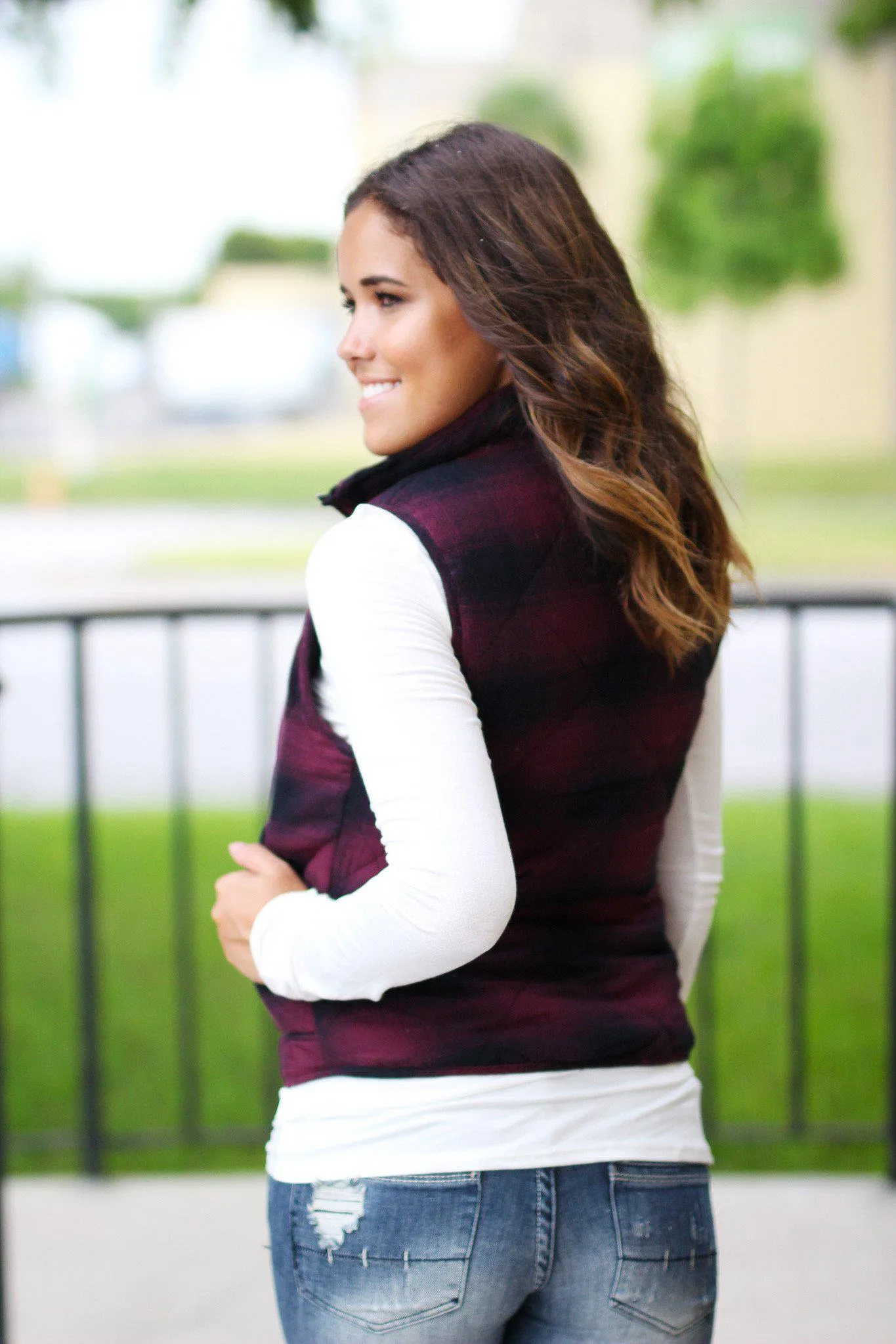 Plum and Black Flannel Vest With Pockets