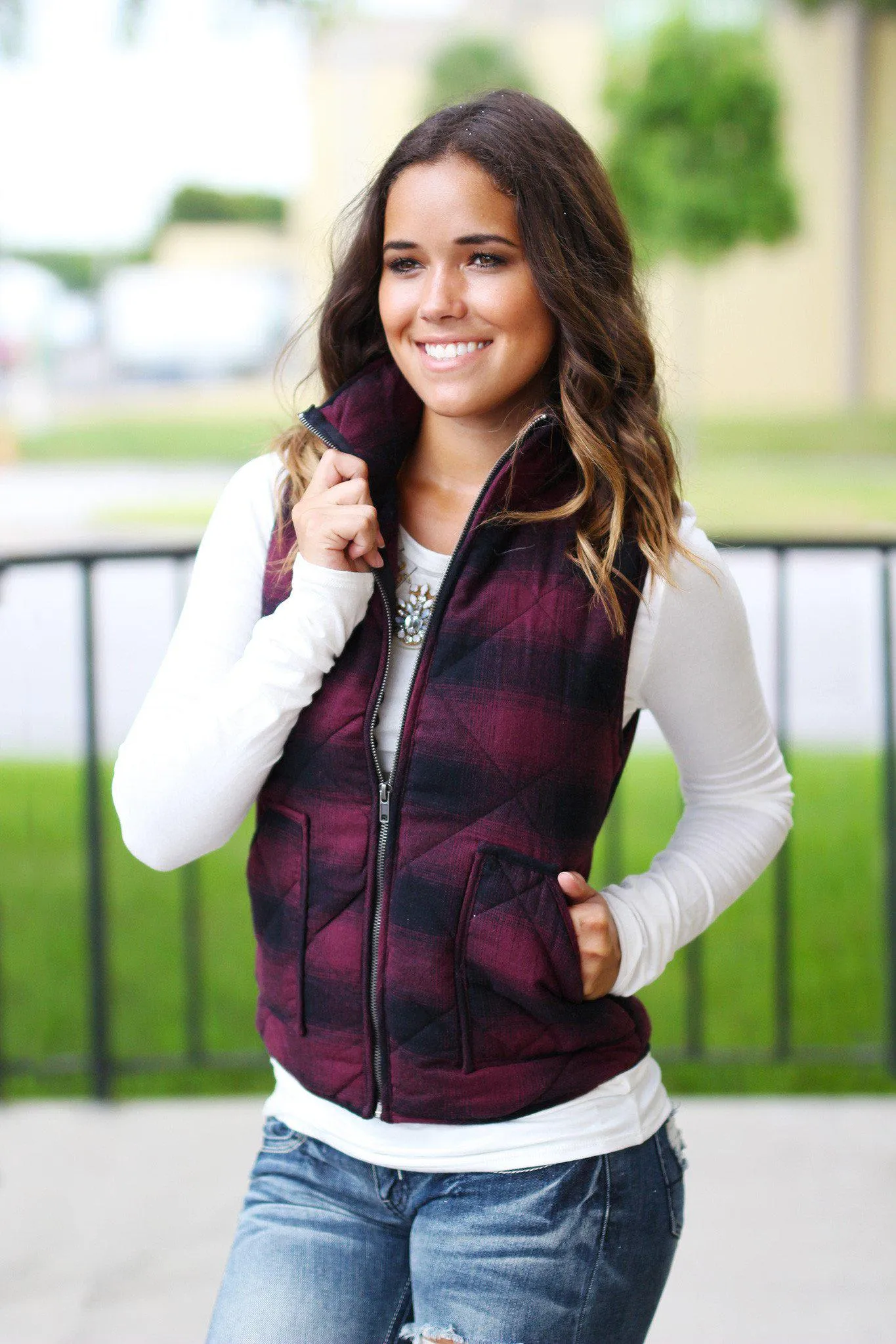 Plum and Black Flannel Vest With Pockets