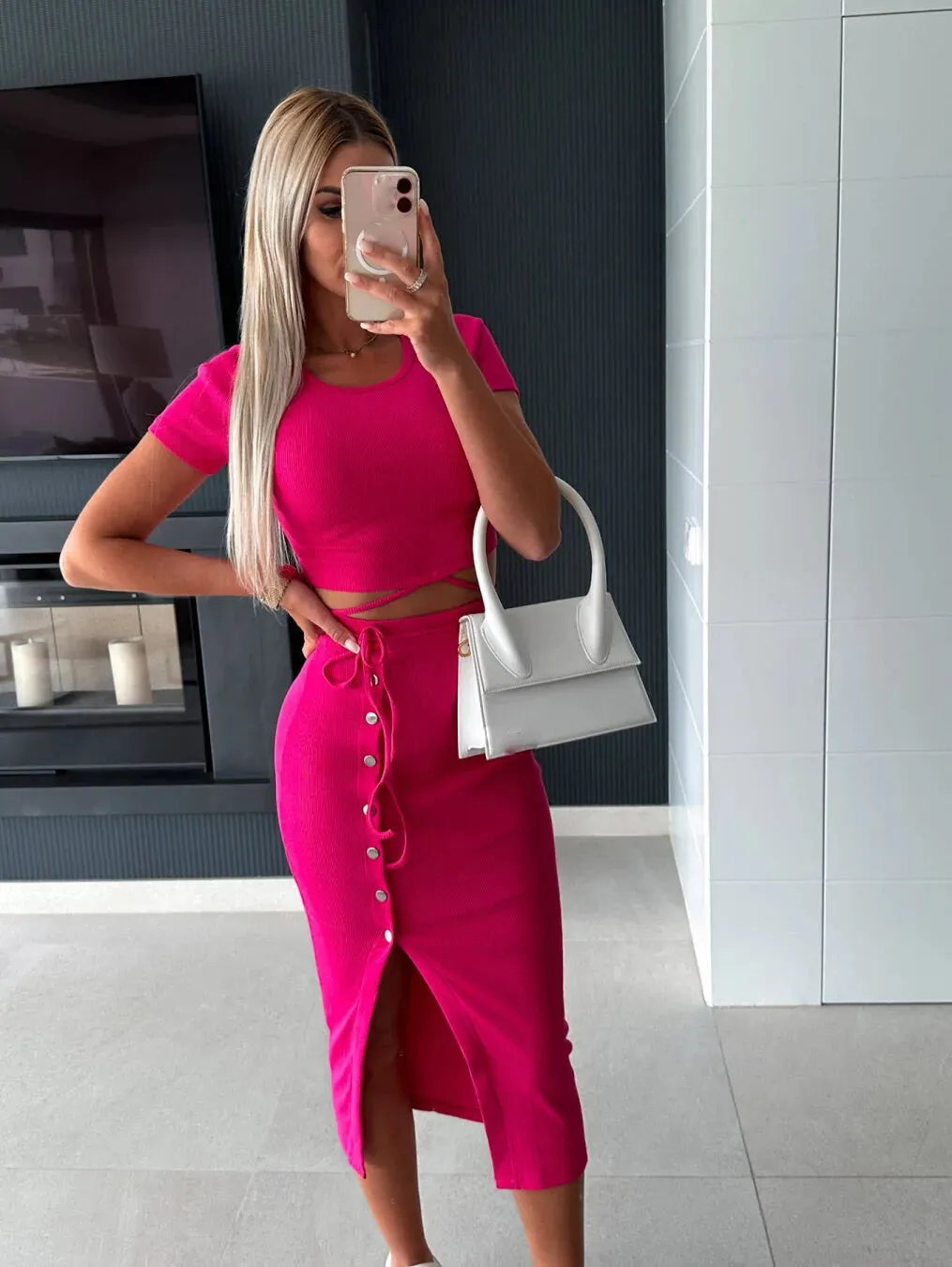 Ribbed Knit Two-Piece Set – Short Sleeve Crop Top & High-Waist Mini Skirt