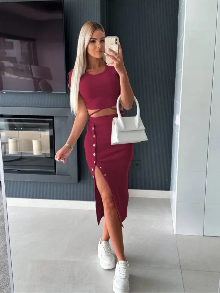 Ribbed Knit Two-Piece Set – Short Sleeve Crop Top & High-Waist Mini Skirt
