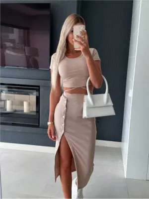 Ribbed Knit Two-Piece Set – Short Sleeve Crop Top & High-Waist Mini Skirt