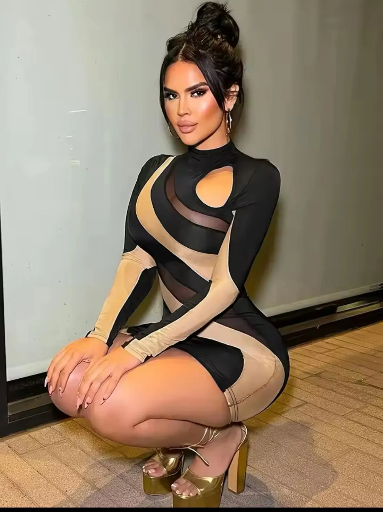 Seven Long Sleeve Swirly Mesh Mini Dress