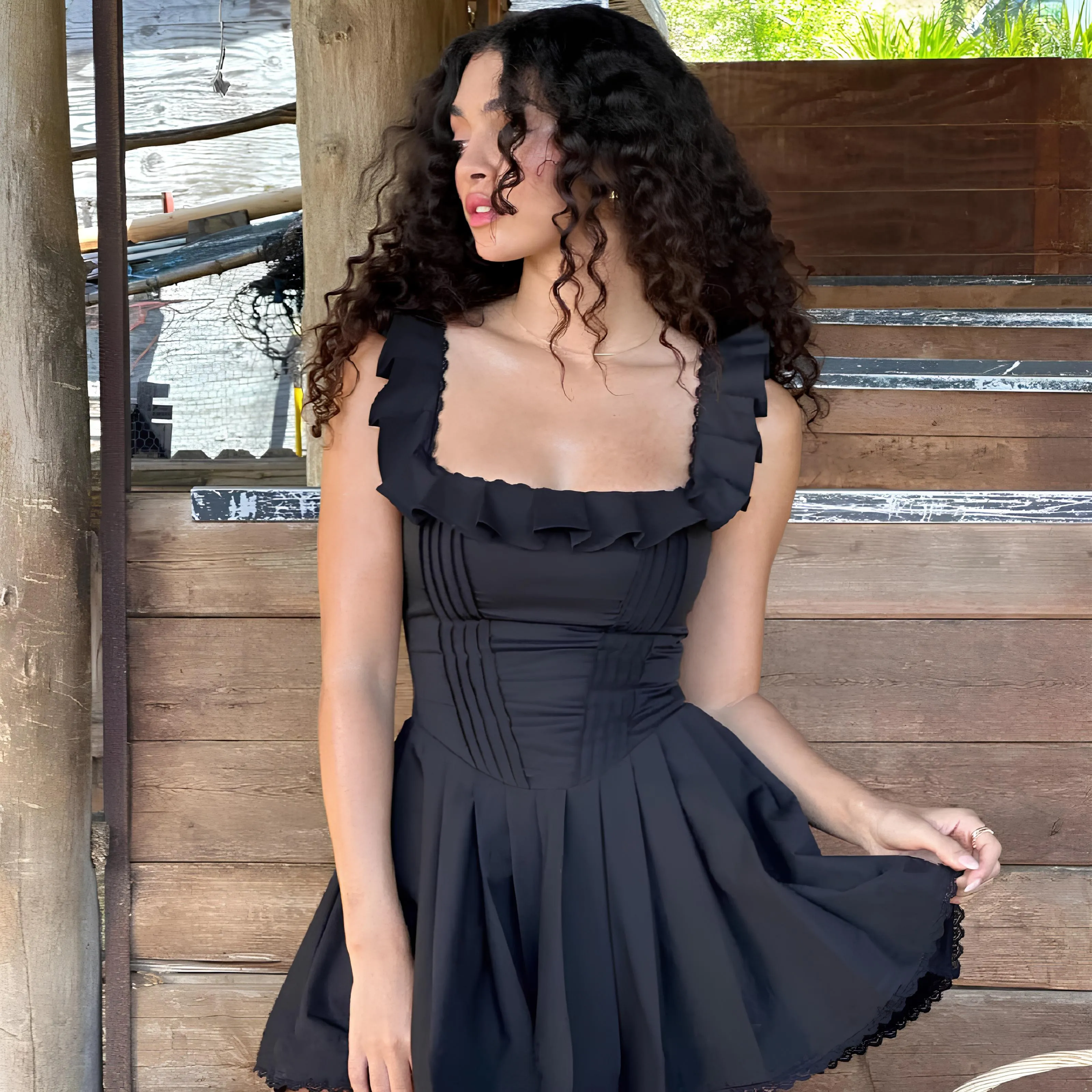 Sexy Ruffles Square-Neck Mini Dress – Playful & Elegant Y2K Vibes