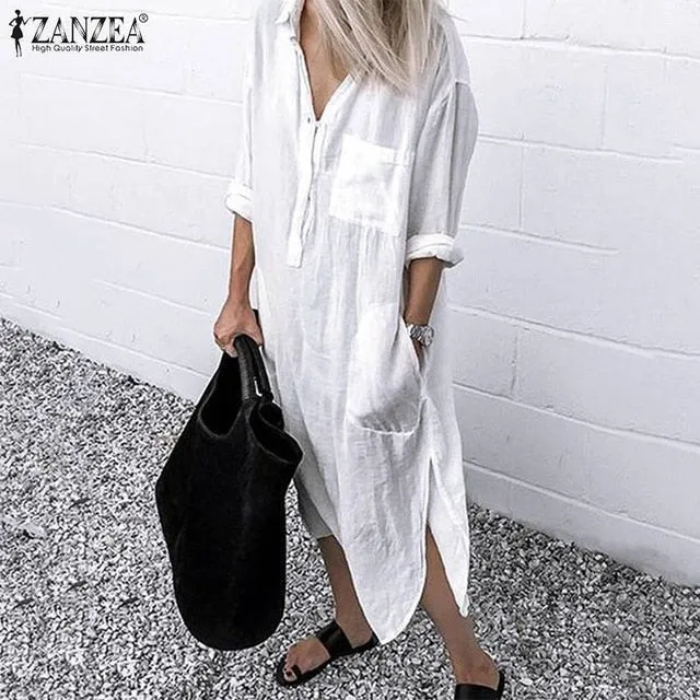 Split Lapel Long Sleeve Shirt Dress