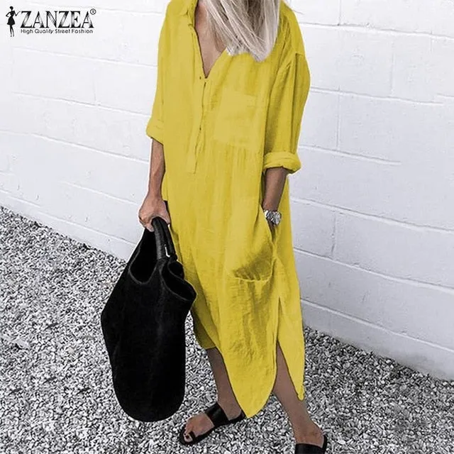 Split Lapel Long Sleeve Shirt Dress