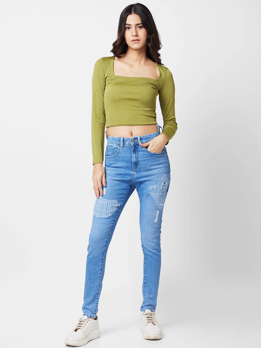 Spykar Women Slim Fit High-Rise Highly Distressed Heavy Fade Stretchable Jeans