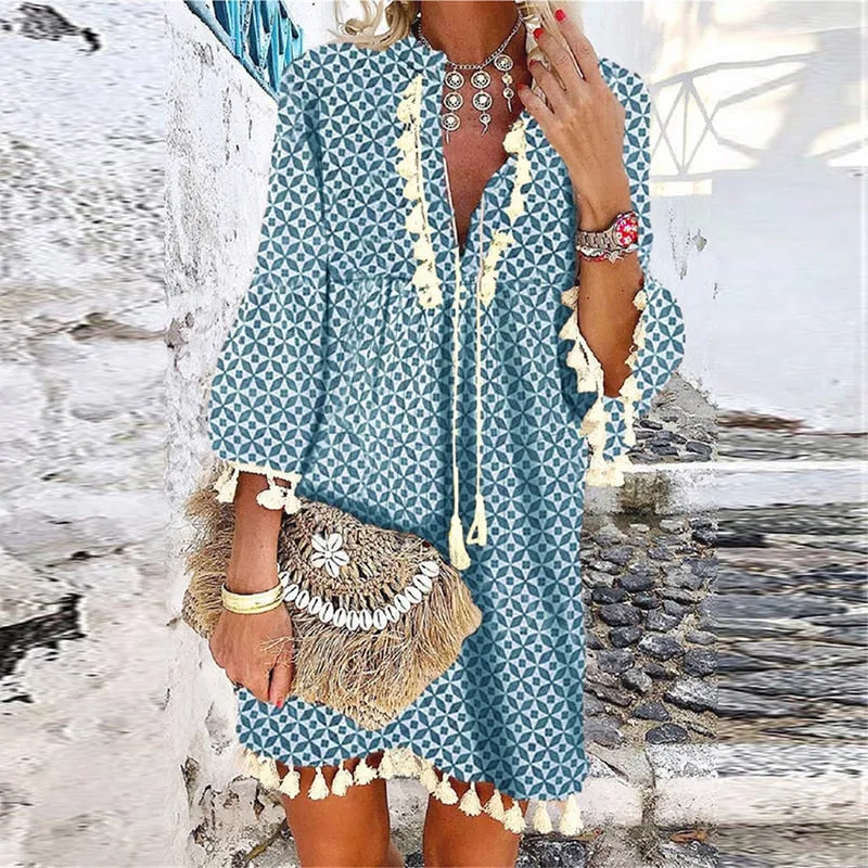 Tassel Beach V Neck Vintage Floral Print Dress