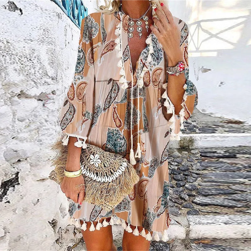Tassel Beach V Neck Vintage Floral Print Dress