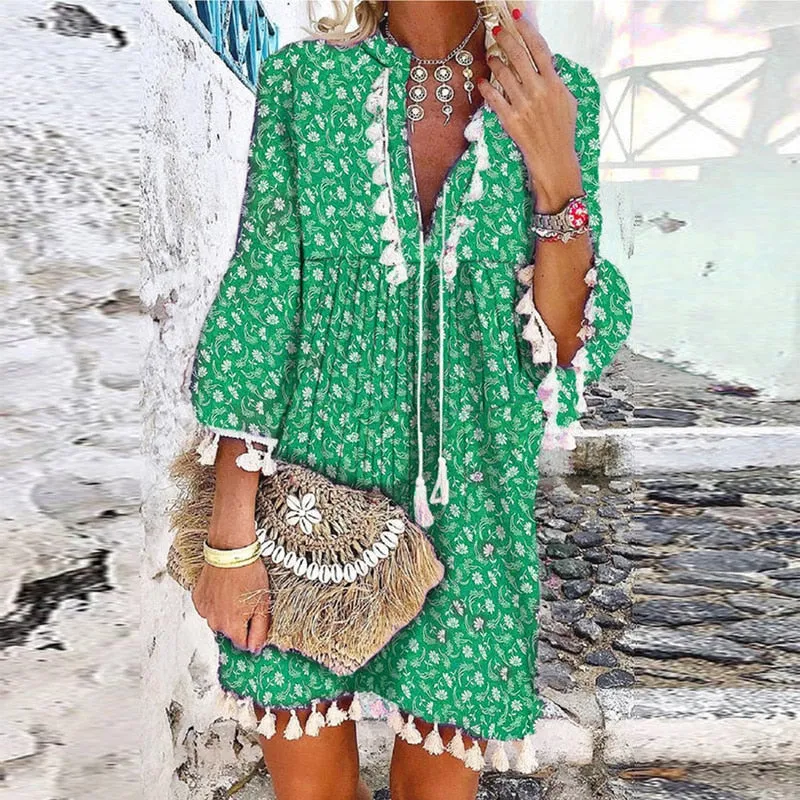 Tassel Beach V Neck Vintage Floral Print Dress