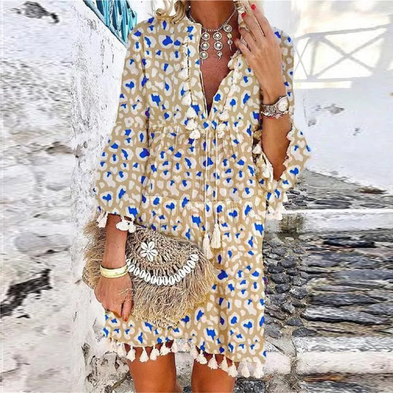 Tassel Beach V Neck Vintage Floral Print Dress