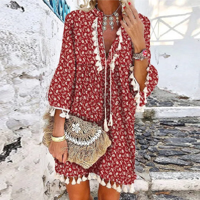 Tassel Beach V Neck Vintage Floral Print Dress